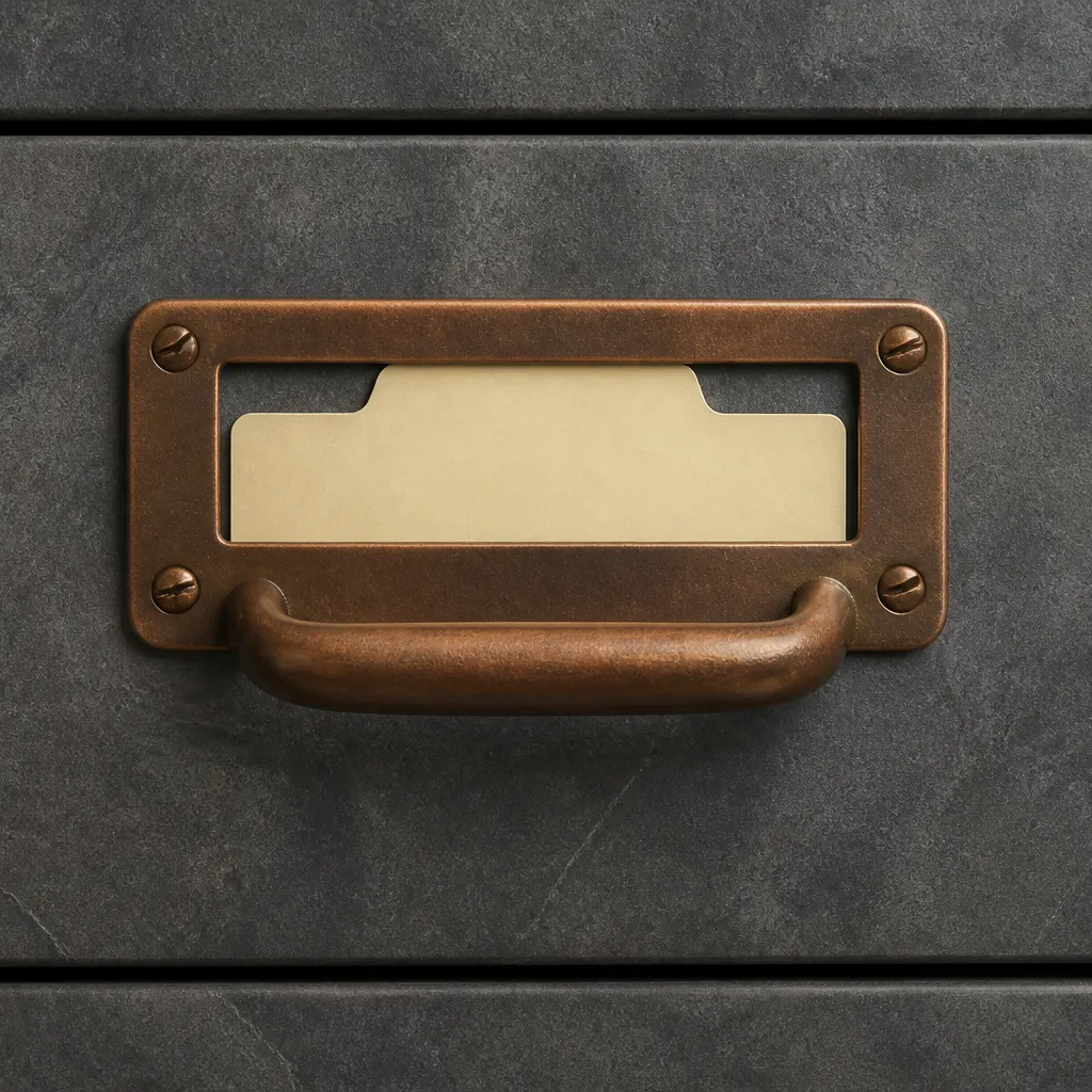 bronze drawer handle and cream file tab on slate